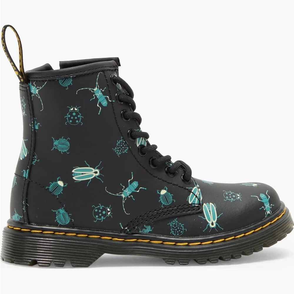 Dr. Martens Kids Black Boots with Teal Bug Print
